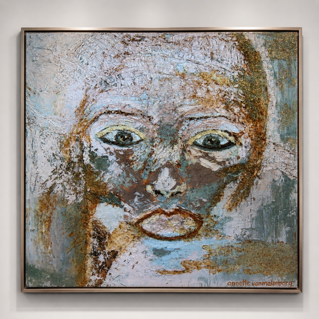 AVM-006. Cobalt cool against oxide warmth, gold buried in the weather of the paint. A face, half fresco, half memory.